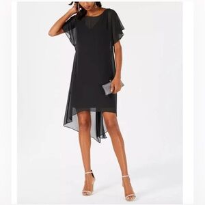 Adrianna Papell Black Chiffon Midi Dress Flutter Large
